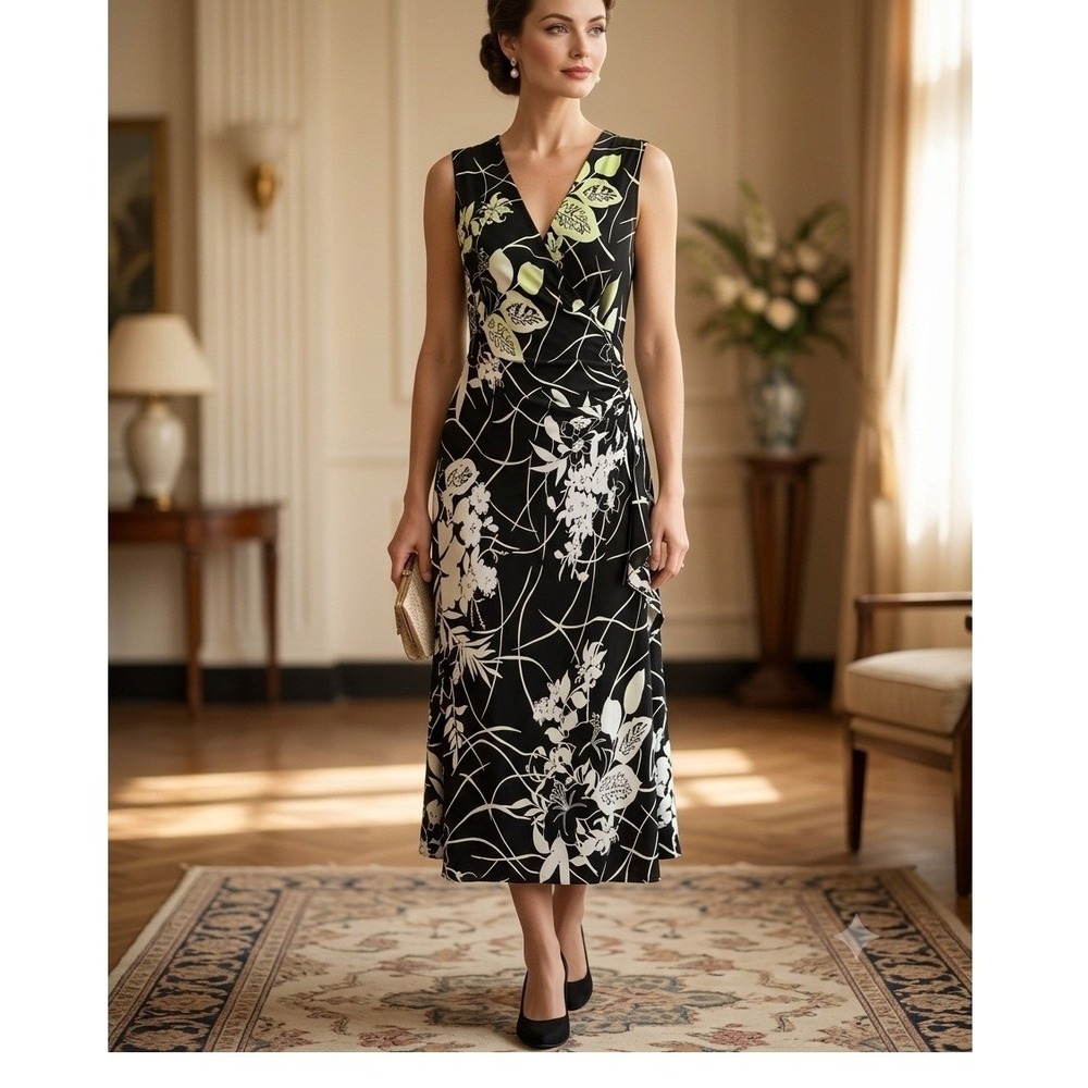 Donna Ricco Black White Floral Lily Faux Wrap Dress Sleeveless Midi 14 Botanical
